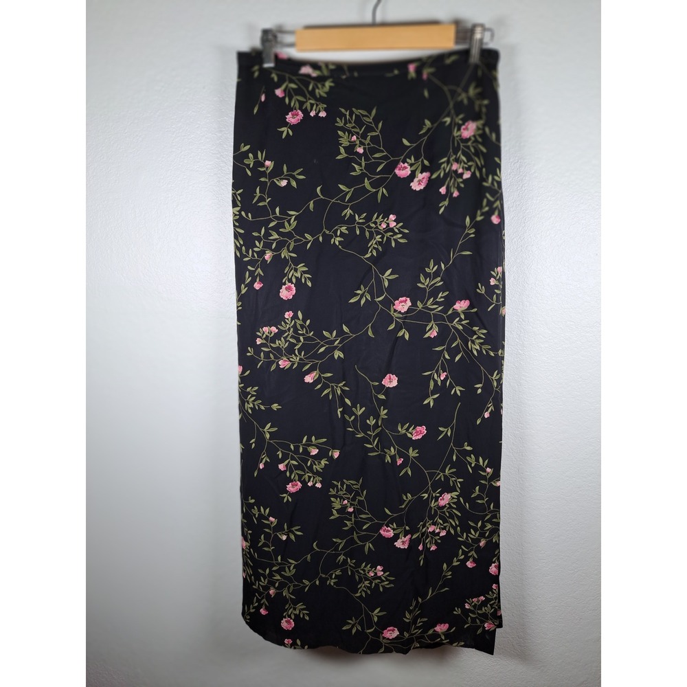 Harold's Vintage Black Floral Maxi Skirt Pink Flower Vine Print Side Slit 29W